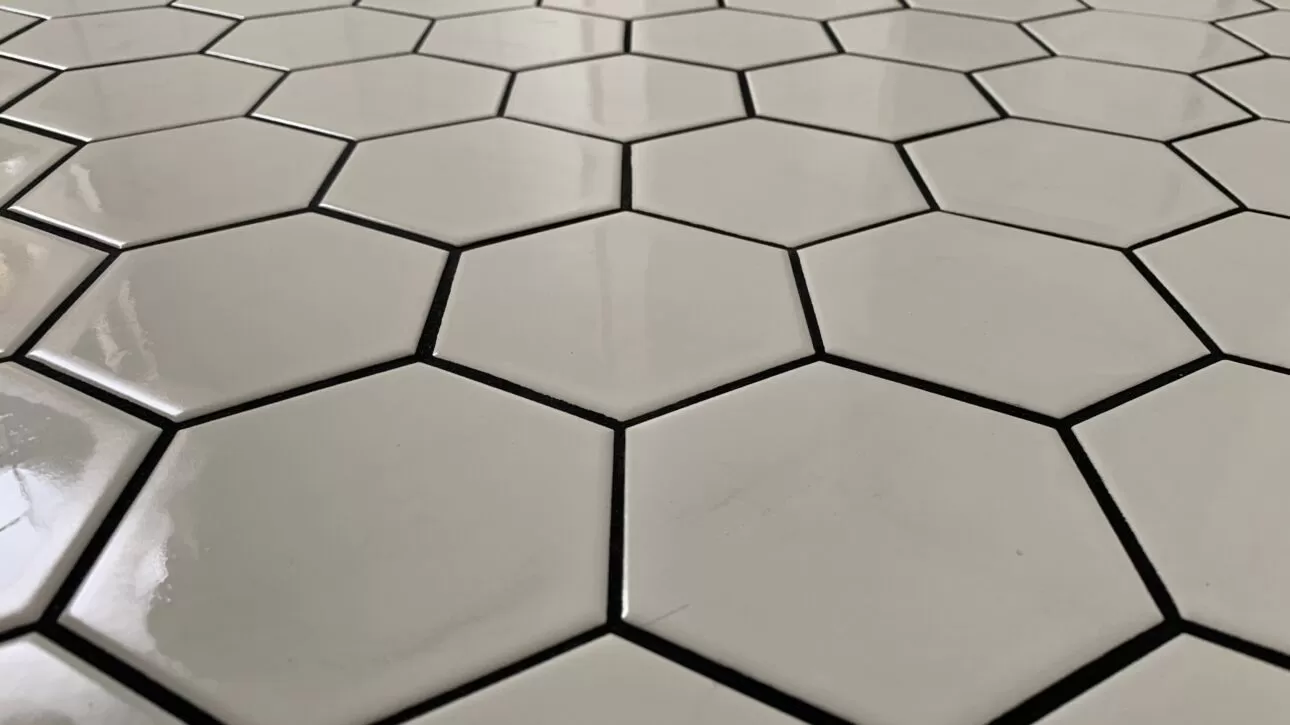 White hexagon tile with dark contrasting joints