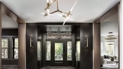 Grey veined entrance tile floor laid in a straight grid